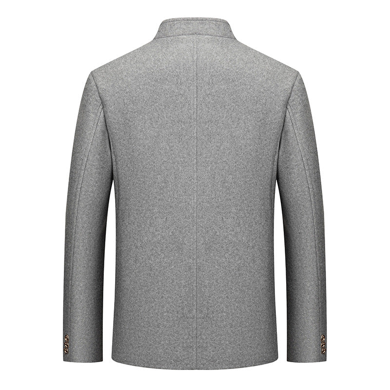 Mens Wool Tweed Zhongshan Suit With A Mandarin Collar For A Refined Tailored Look