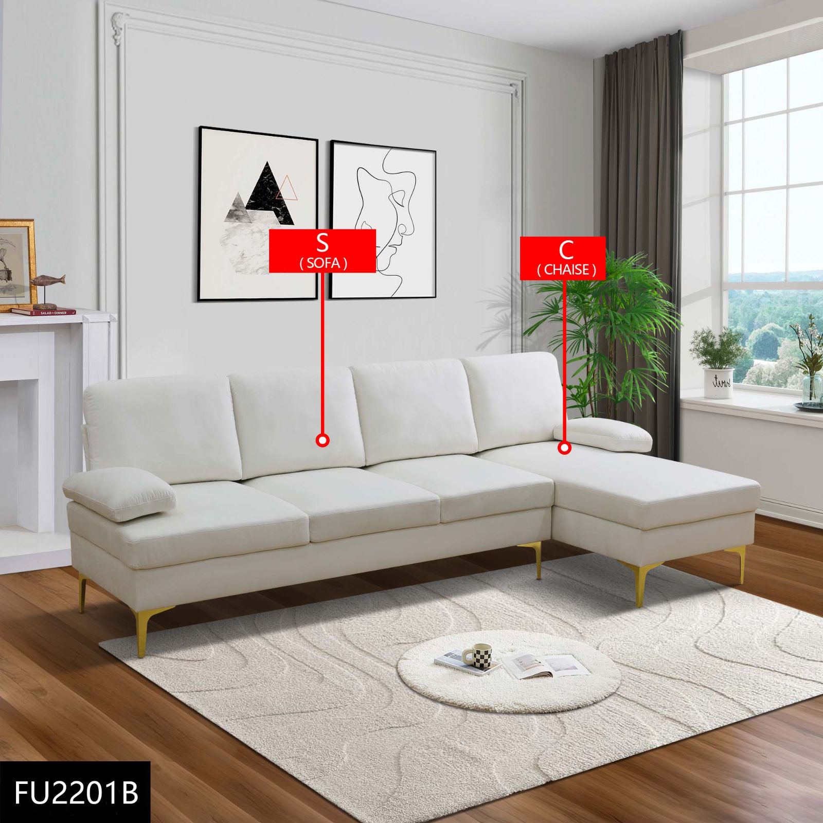 Self-pickup Only--Off-white Fluffy Fabric 2-Piece Living Room Sofa Set