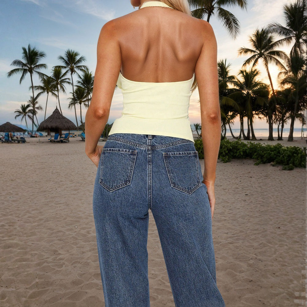 Womens Solid-Color Lace Halterneck Bandage Bodycon Short Vest