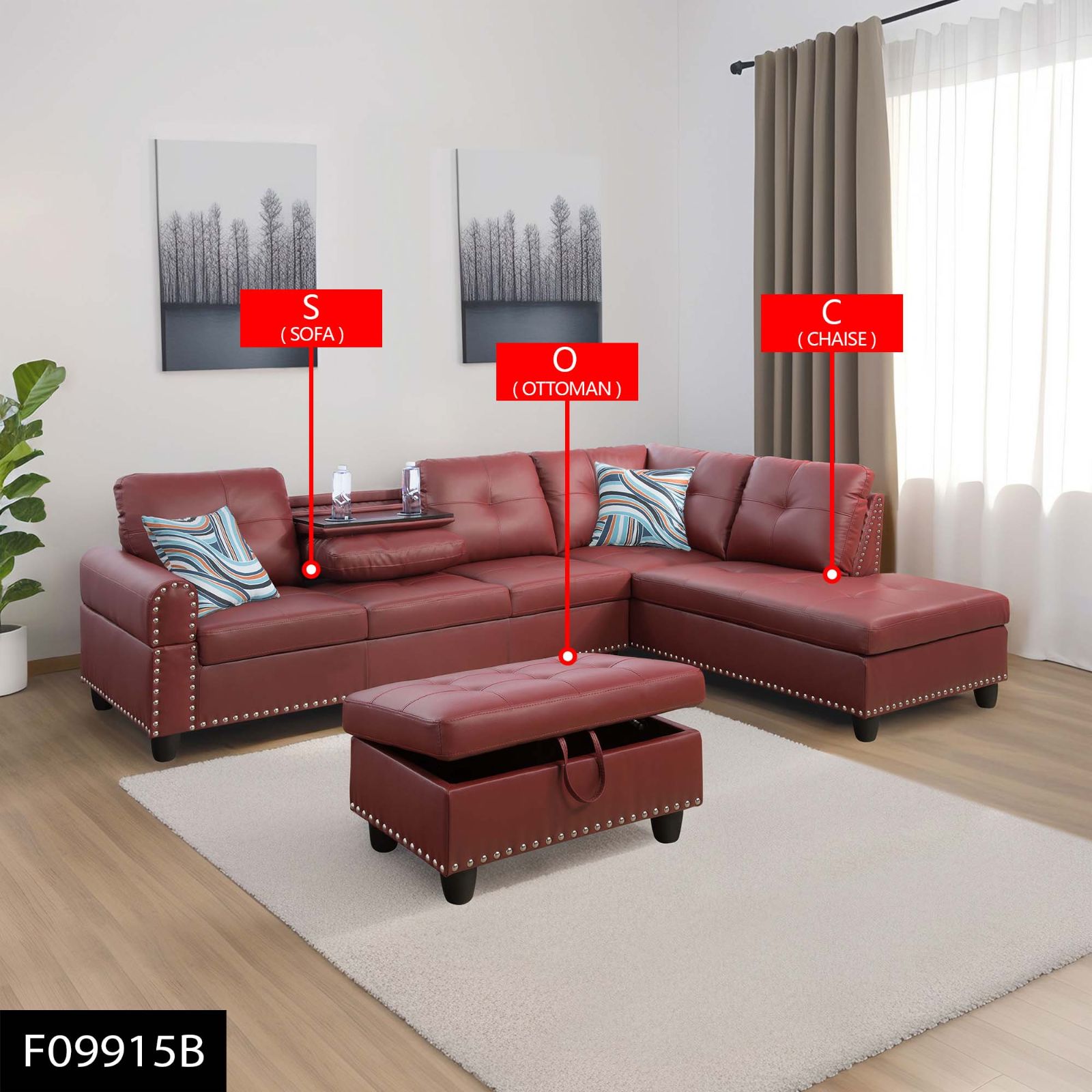 Only Self Pickup--Red Faux Leather Synthetic Leather 3-Piece Sofa Set