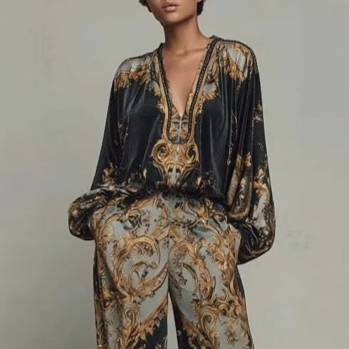 Womens Early Spring Resort-Style V-Neck Korean Fleece Print Set For Women