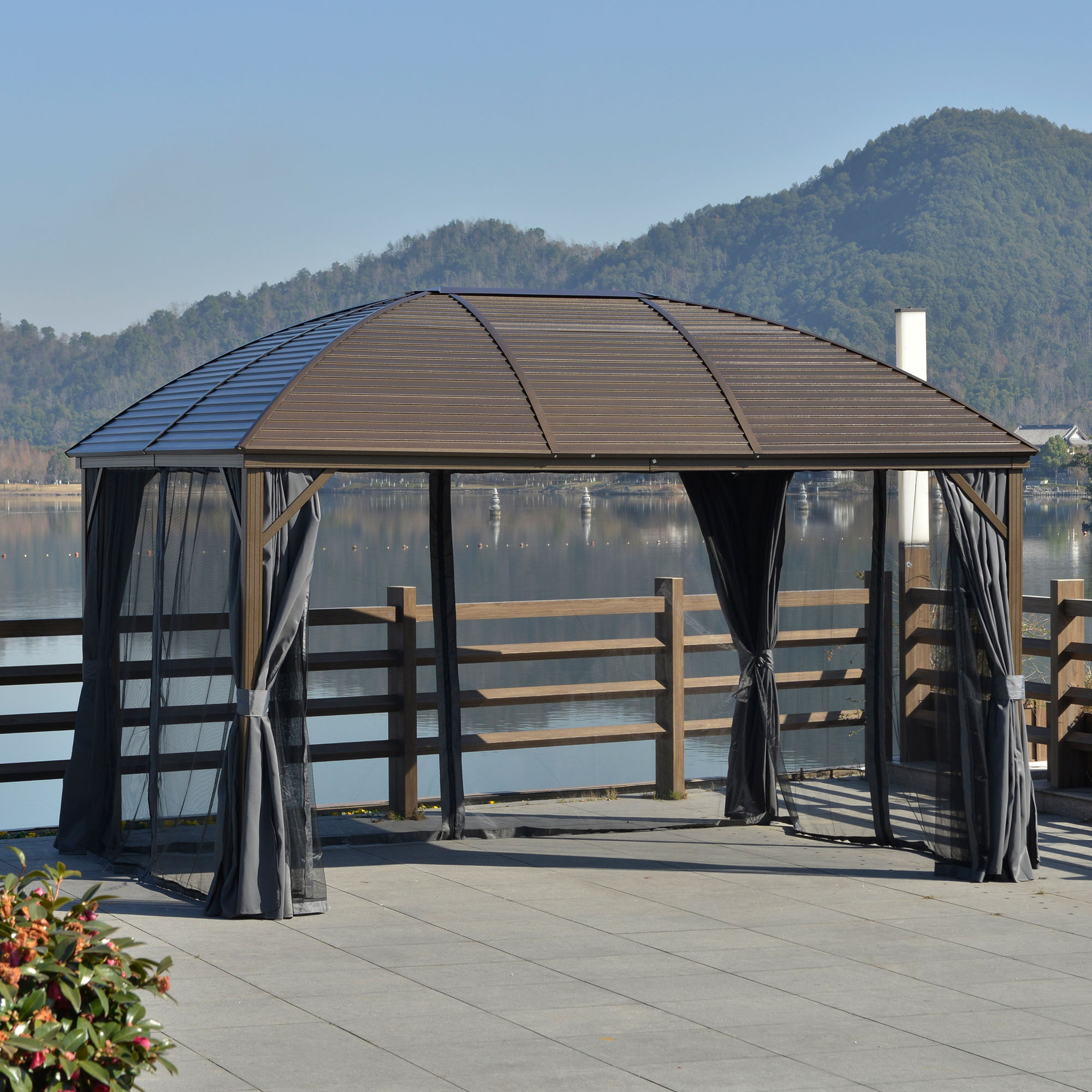 10x13 Gray Hardtop Gazebo With Steel Roof Curtains Netting Pavilion Ceiling Hook For Patio Garden