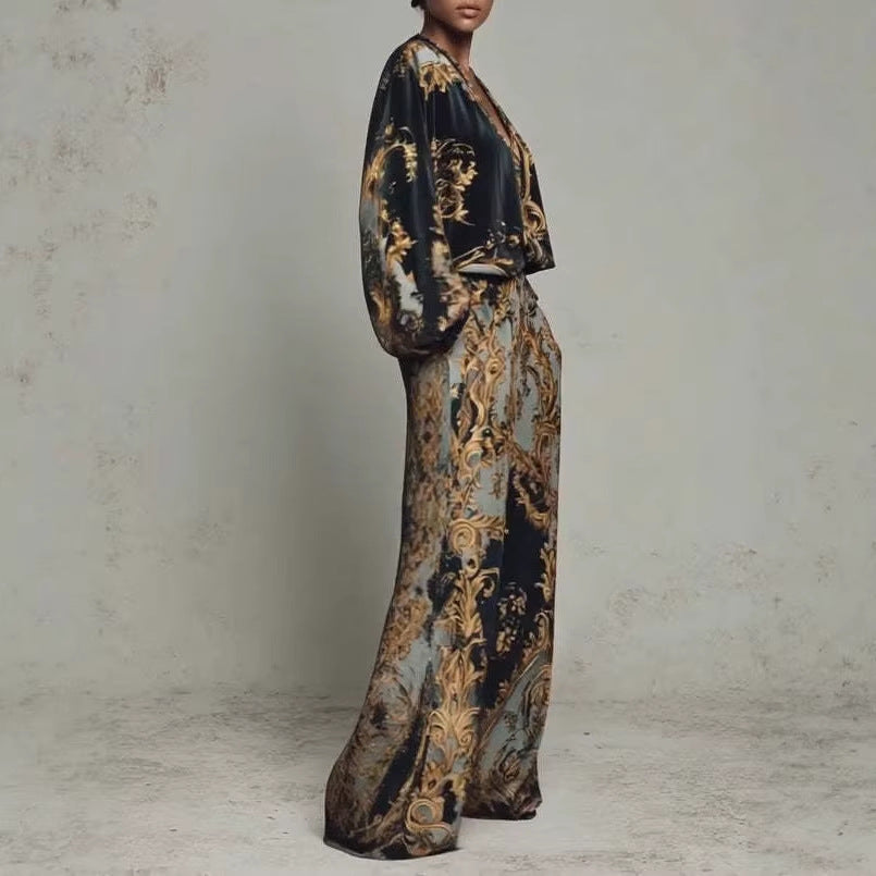 Womens Early Spring Resort-Style V-Neck Korean Fleece Print Set For Women