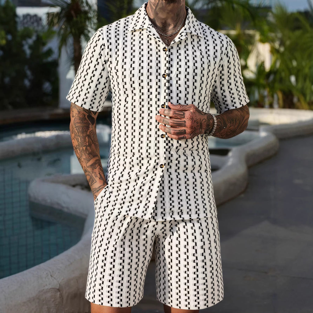 Mens Casual Striped Single-Breasted Shirt And Shorts Set