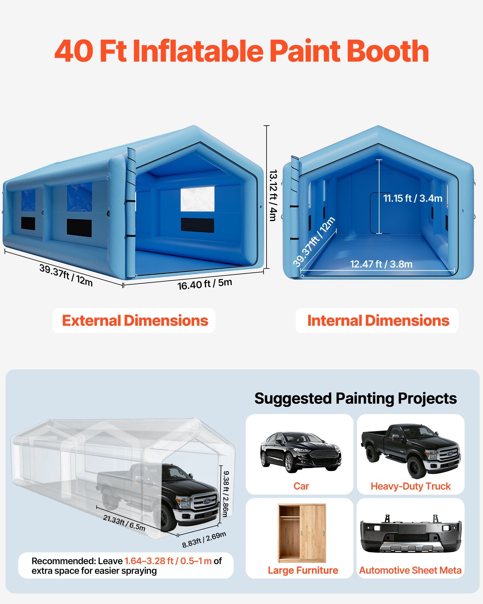 Aufblasbare Lackierkabine Spritzkabine 12x5x4 M Lackierkabinenzelt Mit 950+1100 W Gebläse & Luftfiltersystem Dreieckdach Oxford-Gewebe Spritzlackierung Für Metallteile Von Kraftfahrzeugen