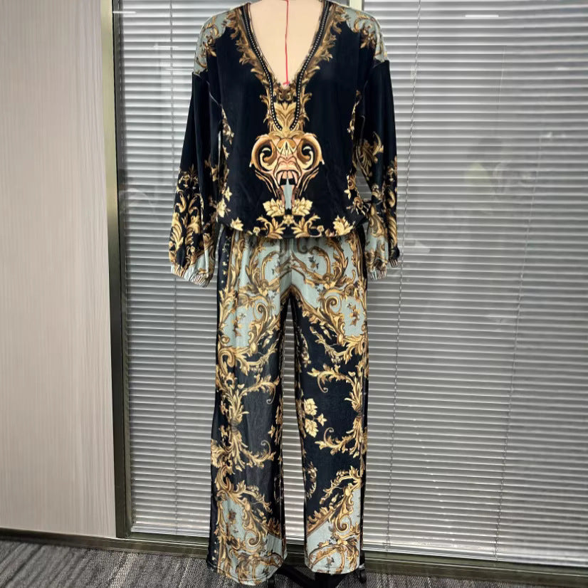 Womens Early Spring Resort-Style V-Neck Korean Fleece Print Set For Women