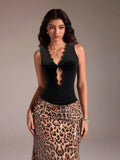 Womens Black Sleeveless Lace V-Neck Twist-Back Tank Top