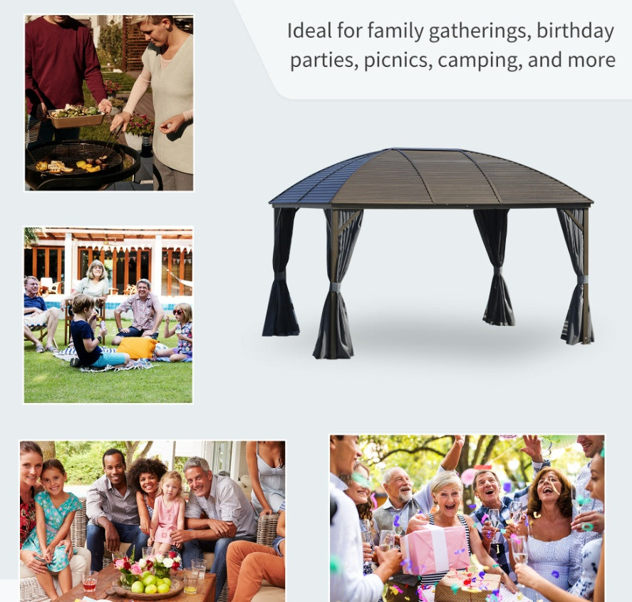 10x13 Gray Hardtop Gazebo With Steel Roof Curtains Netting Pavilion Ceiling Hook For Patio Garden