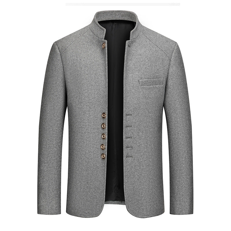 Mens Wool Tweed Zhongshan Suit With A Mandarin Collar For A Refined Tailored Look