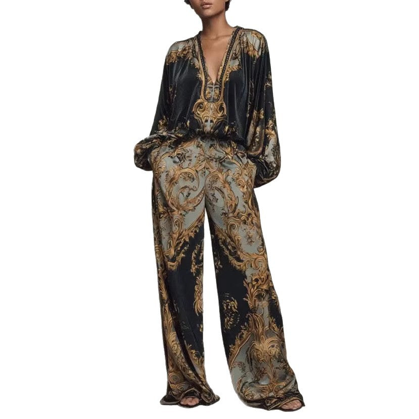 Womens Early Spring Resort-Style V-Neck Korean Fleece Print Set For Women