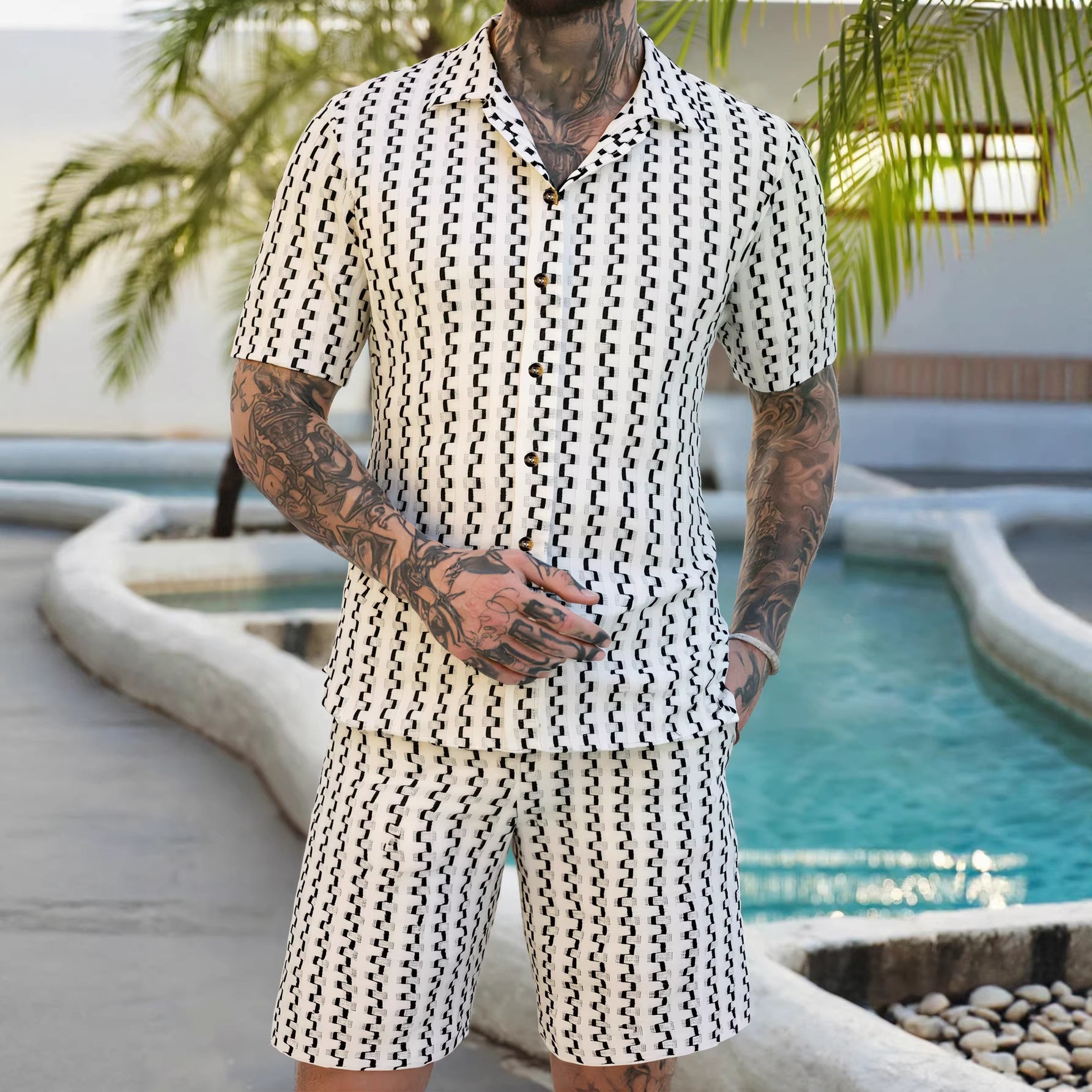 Mens Casual Striped Single-Breasted Shirt And Shorts Set