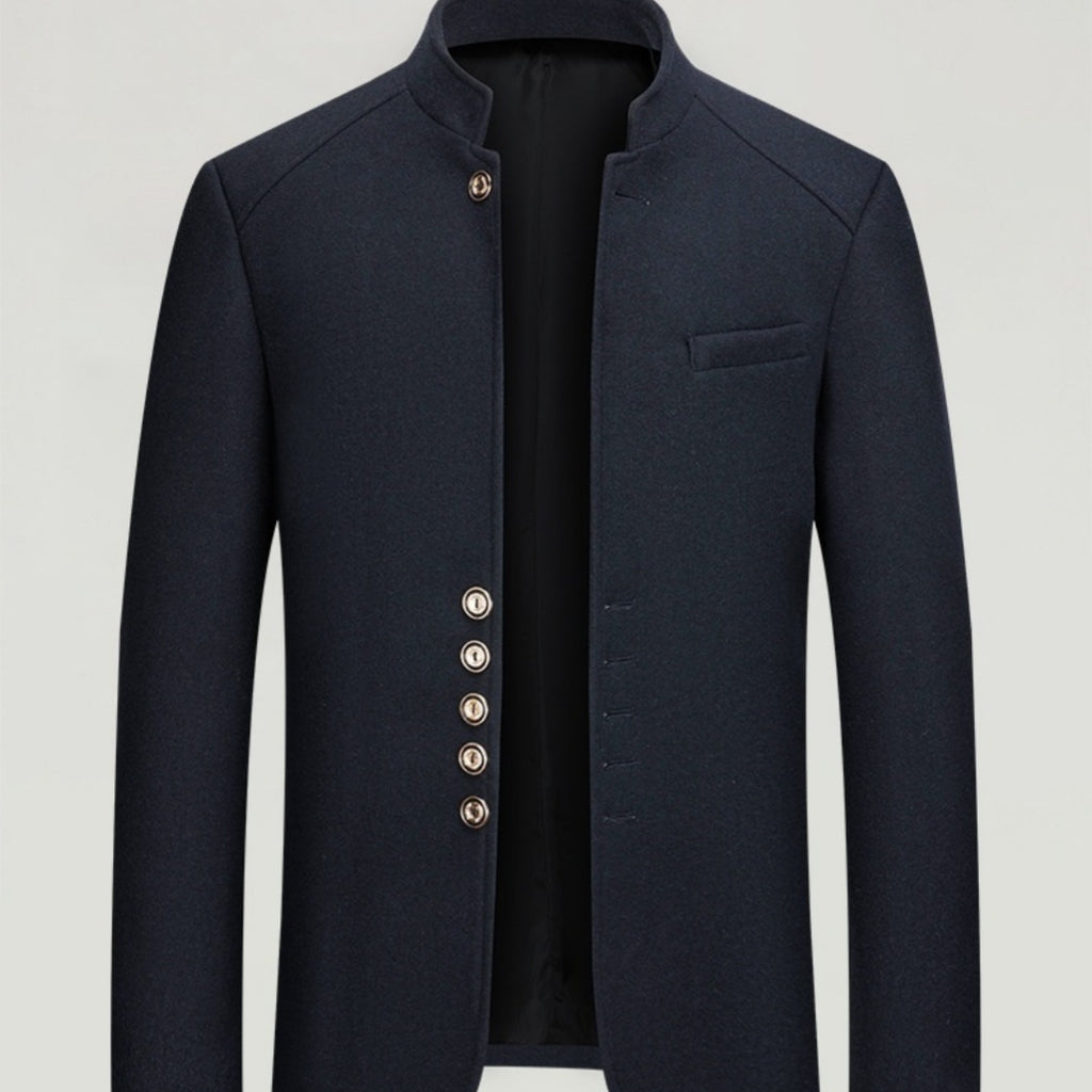 Mens Wool Tweed Zhongshan Suit With A Mandarin Collar For A Refined Tailored Look