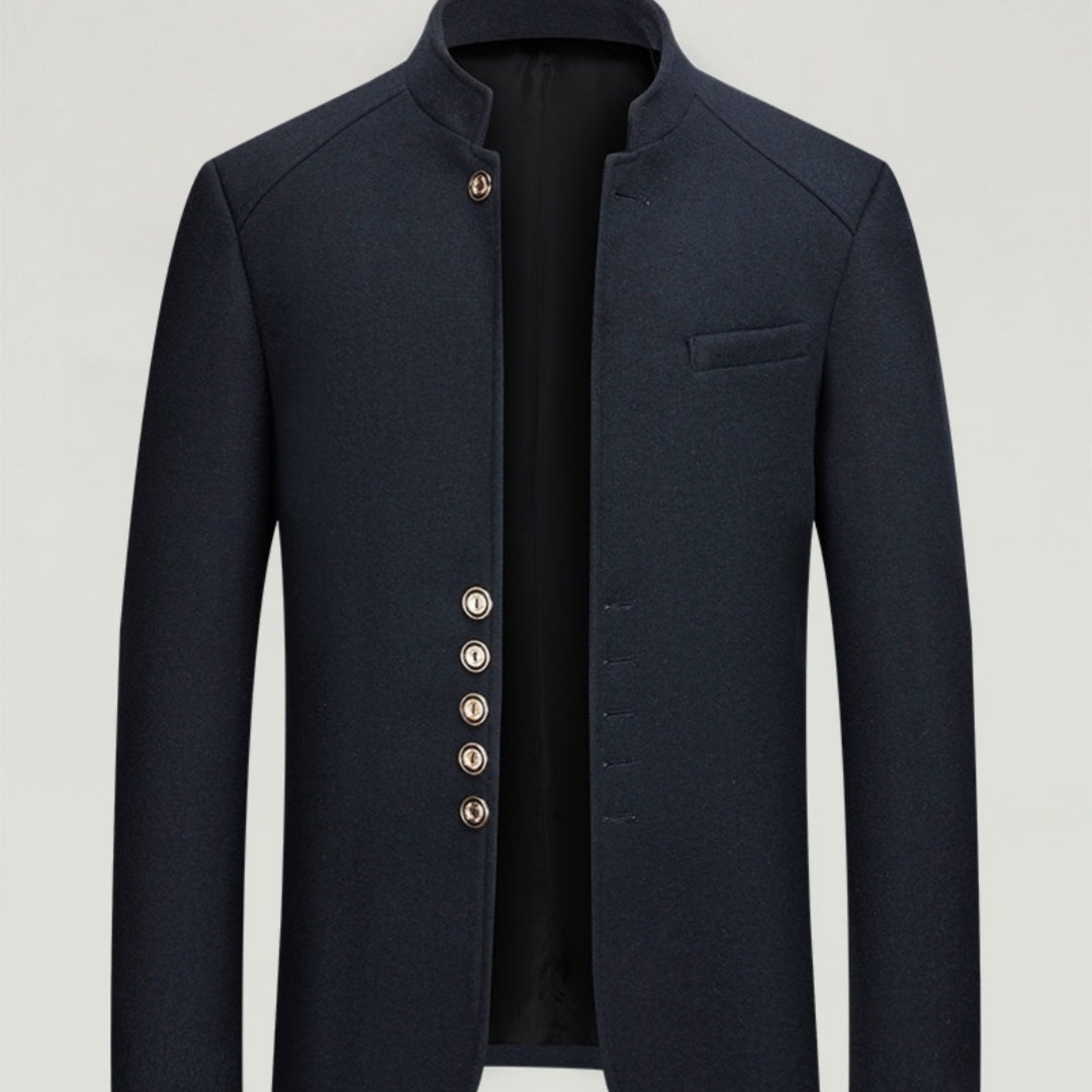 Mens Wool Tweed Zhongshan Suit With A Mandarin Collar For A Refined Tailored Look